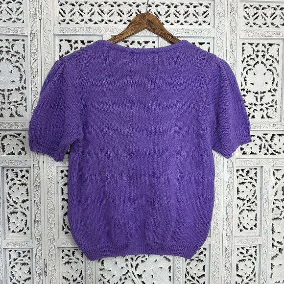 Vintage Recent‎ Works Purple Floral Pastel Short Sleeve Grannycore Sweater - Picture 4 of 8